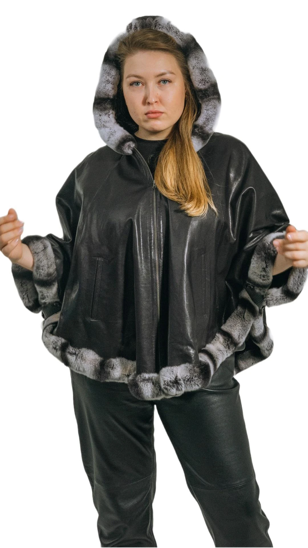 Freya Fur Genuine Leather Hooded Double Sided Poncho with Pockets